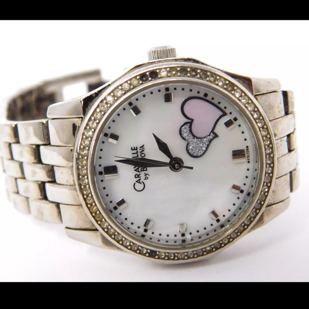 Caravelle by Bulova Women Watch Vintage 43L126 Dress Pave Hearts 29mm Ladies 6"